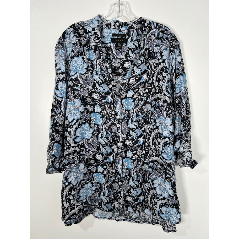 Tahari Linen Blue Black Floral Paisley Roll Sleeve Tunic Top 2X